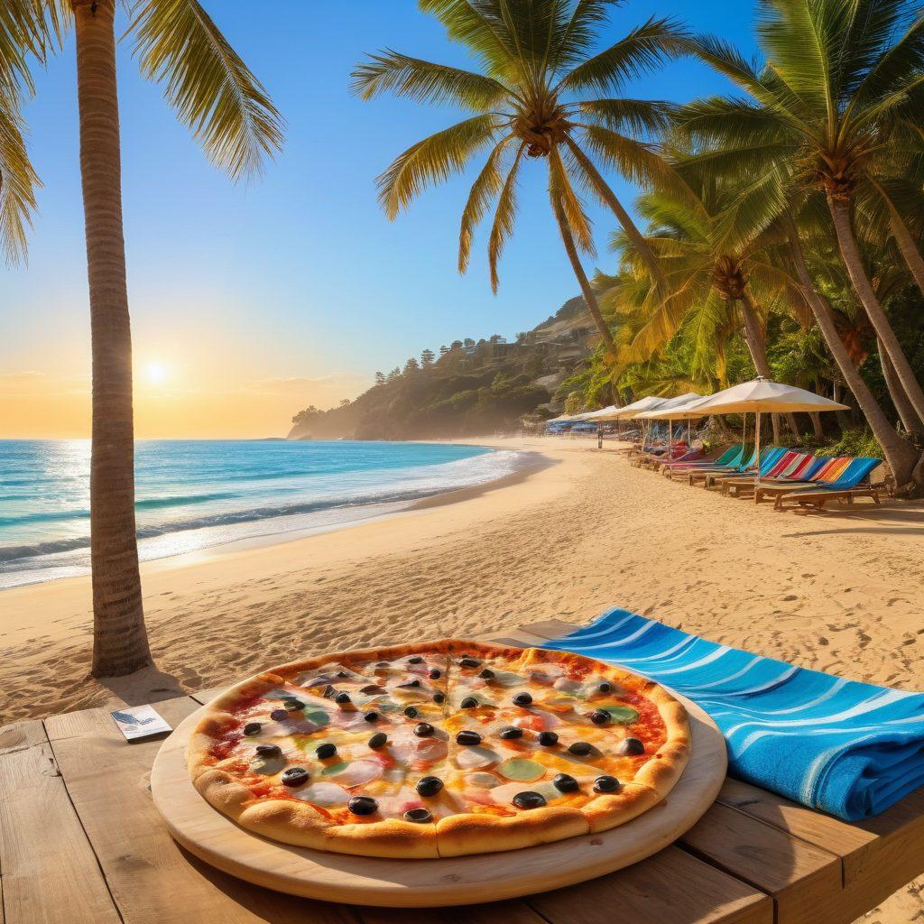 A sun-kissed beach scene with vibrant umbrellas and colorful beach towels, featuring a gourmet pizza spread on a rustic wooden table. Lush palm trees sway gently in the background while surfers ride luminous waves. Beachgoers savoring delicious slices with joyful expressions create a lively atmosphere. The sky is clear with golden sunlight enhancing the coastal paradise ambiance. super-realistic. vibrant colors. bright blue sky.
