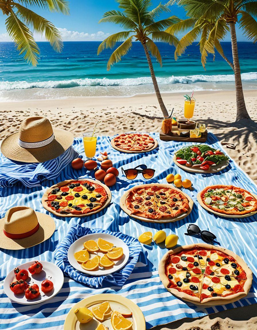 A sun-kissed beach scene featuring a colorful array of stylish bikinis hanging on a clothesline, while a gourmet pizza on a picnic blanket invites viewers. In the background, waves gently lap the shore, and a bright sun casts a warm glow, enhancing the vibrant colors of the scene. Add playful beach accessories like hats and sunglasses for a festive touch. super-realistic. vibrant colors. 3D.